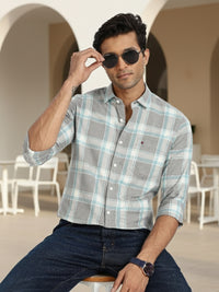 Men Grey Checkered Full Sleeve Slim Fit Casual Shirt