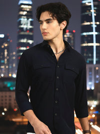 Men Navy Slim Fit Solid Full Sleeve Lycra Casual Shirt
