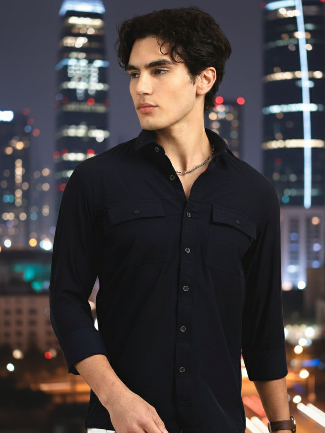 Men Navy Slim Fit Solid Full Sleeve Lycra Casual Shirt
