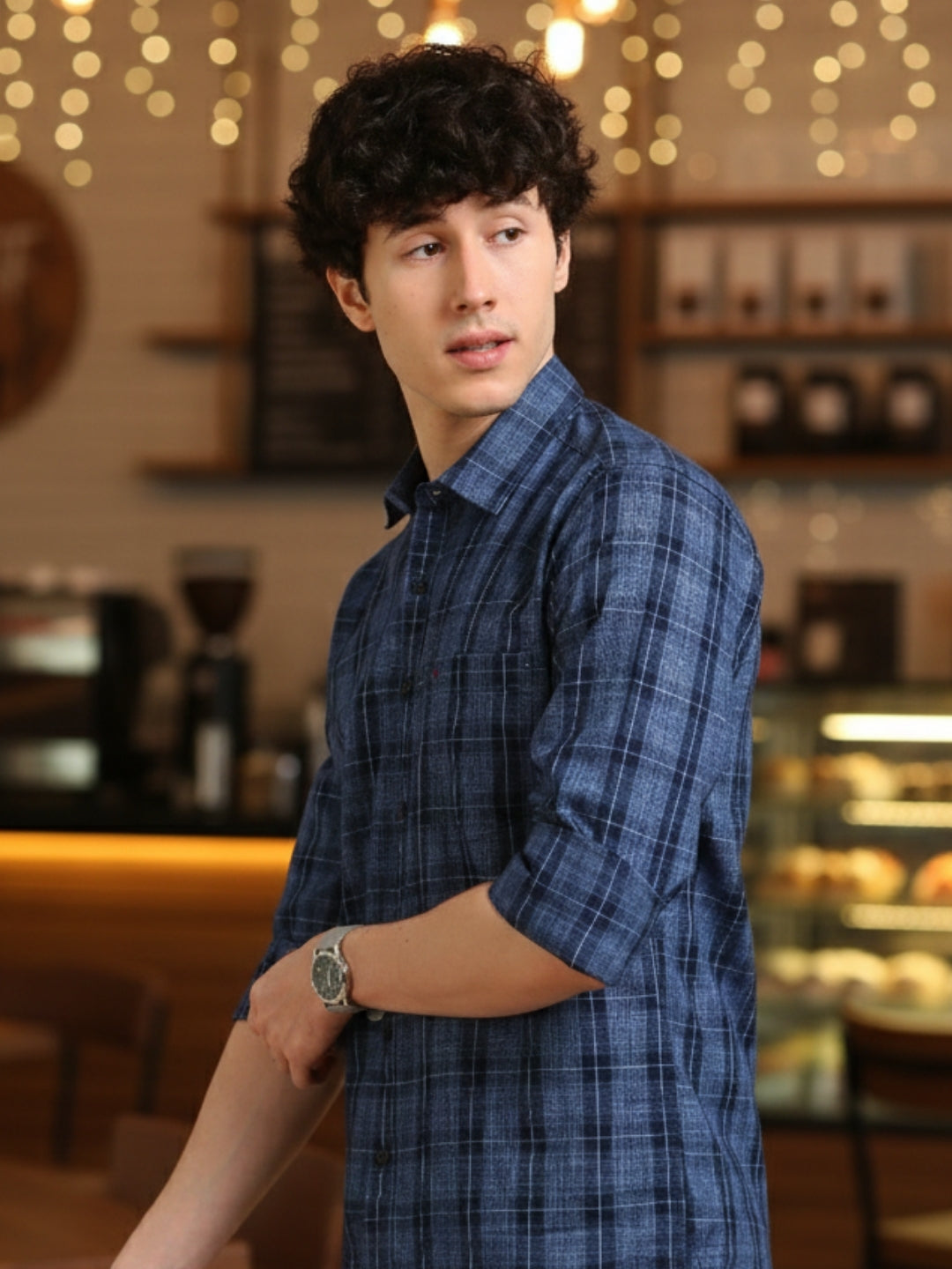 Men Blue Regular Fit Checks Full Sleeve Casual Shirt