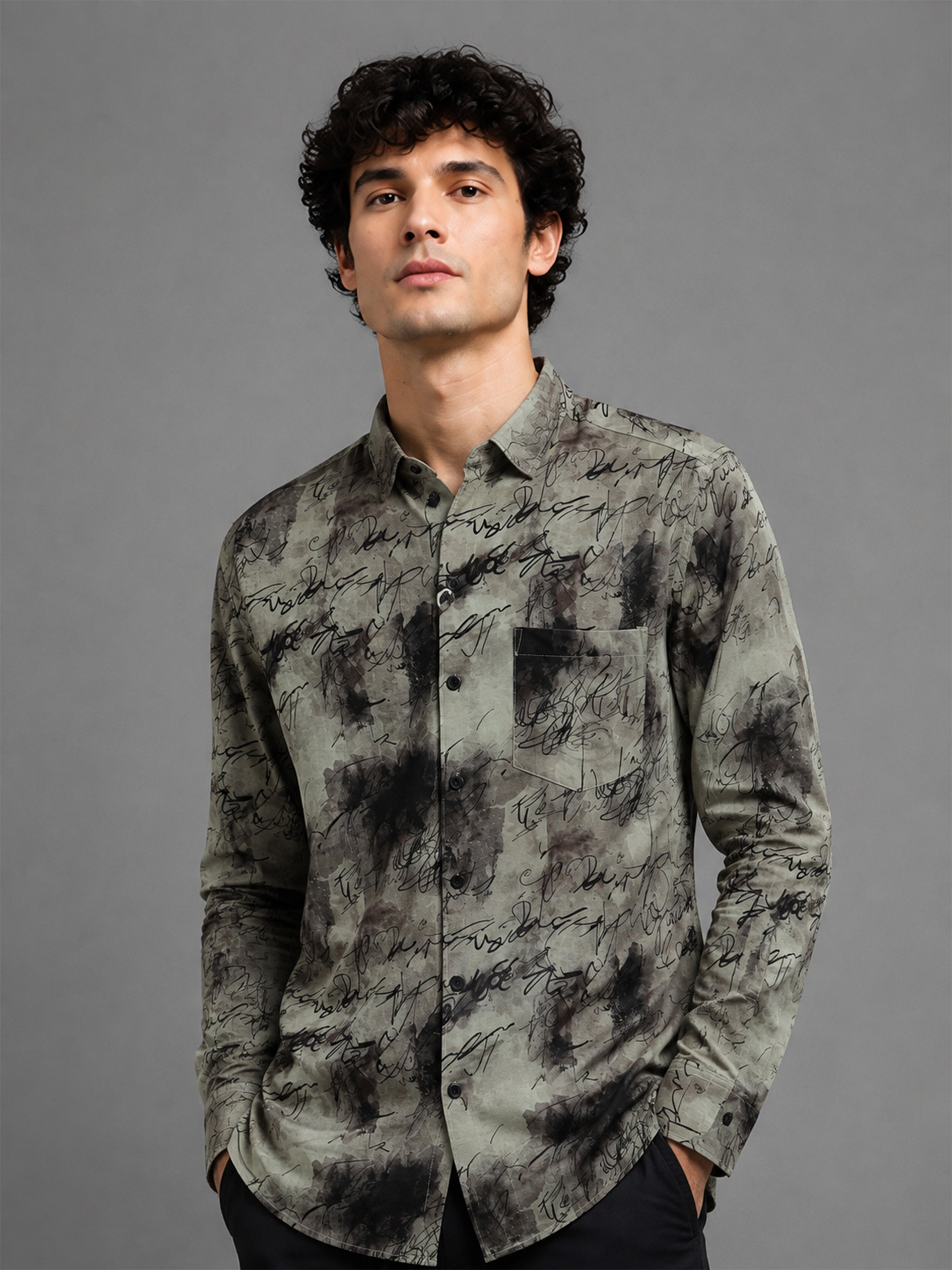 Men Beige Slim Fit Printed Full Sleeve Casual Shirt