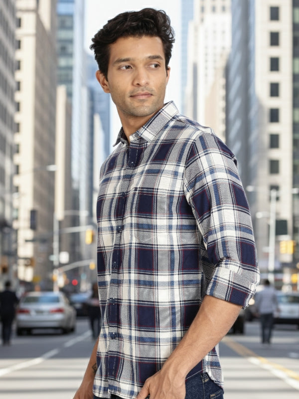 Men White Textured Check Full Sleeve Slim Fit Casual Shirts