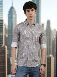 Men Light Peach Slim Fit Digital Printed  Full Sleeve Casual Shirt