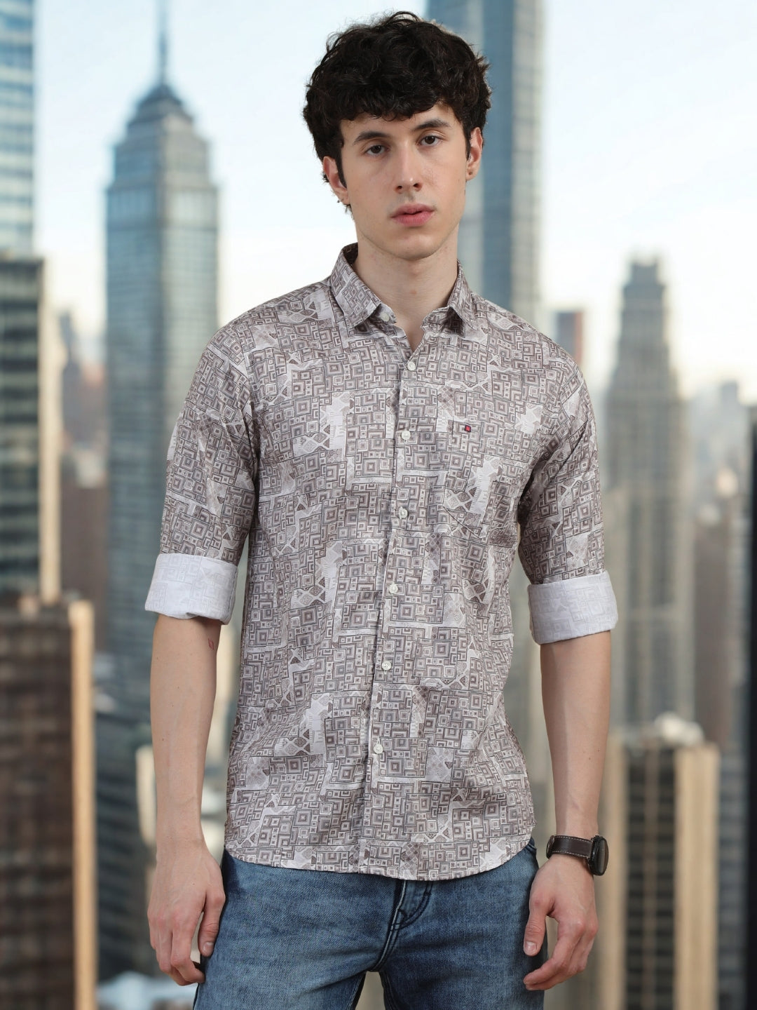Men Light Peach Slim Fit Digital Printed  Full Sleeve Casual Shirt