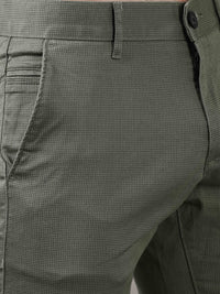 Men's Olive Cotton Blend Narrow Fit Printed Causal Trouser