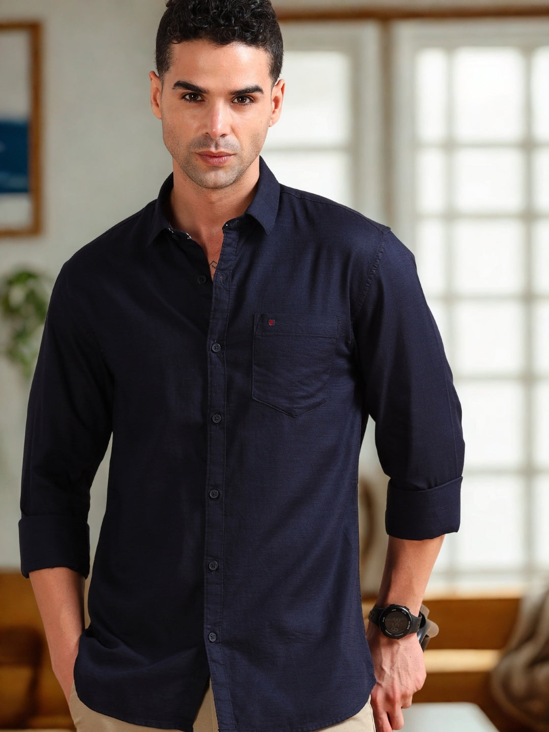 Men Navy Slim Fit Solid Full Sleeve Casual Shirt
