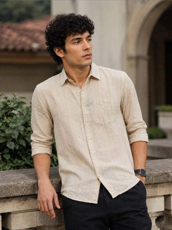 Men Beige Slim Fit Textured Striped Full Sleeve Casual Shirt