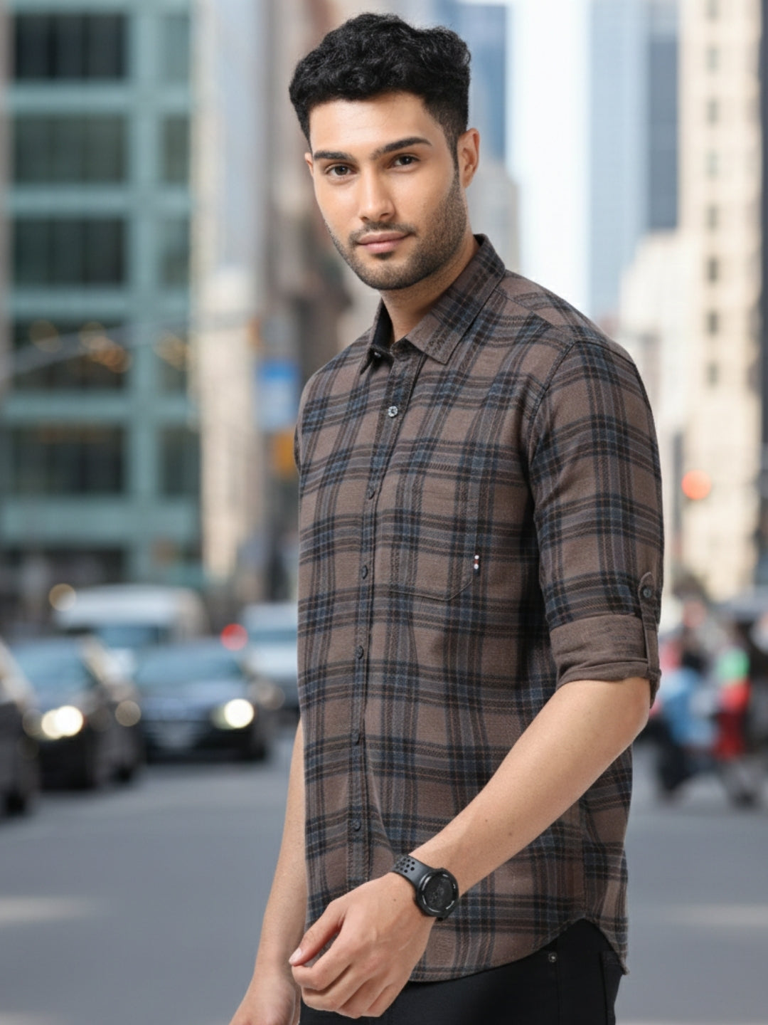 Men Navy Slim Fit Checks Full Sleeve Casual Shirt