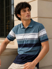 Men's Teal Blue Textured Knit Striped Short Sleeves casual Polo T-Shirt