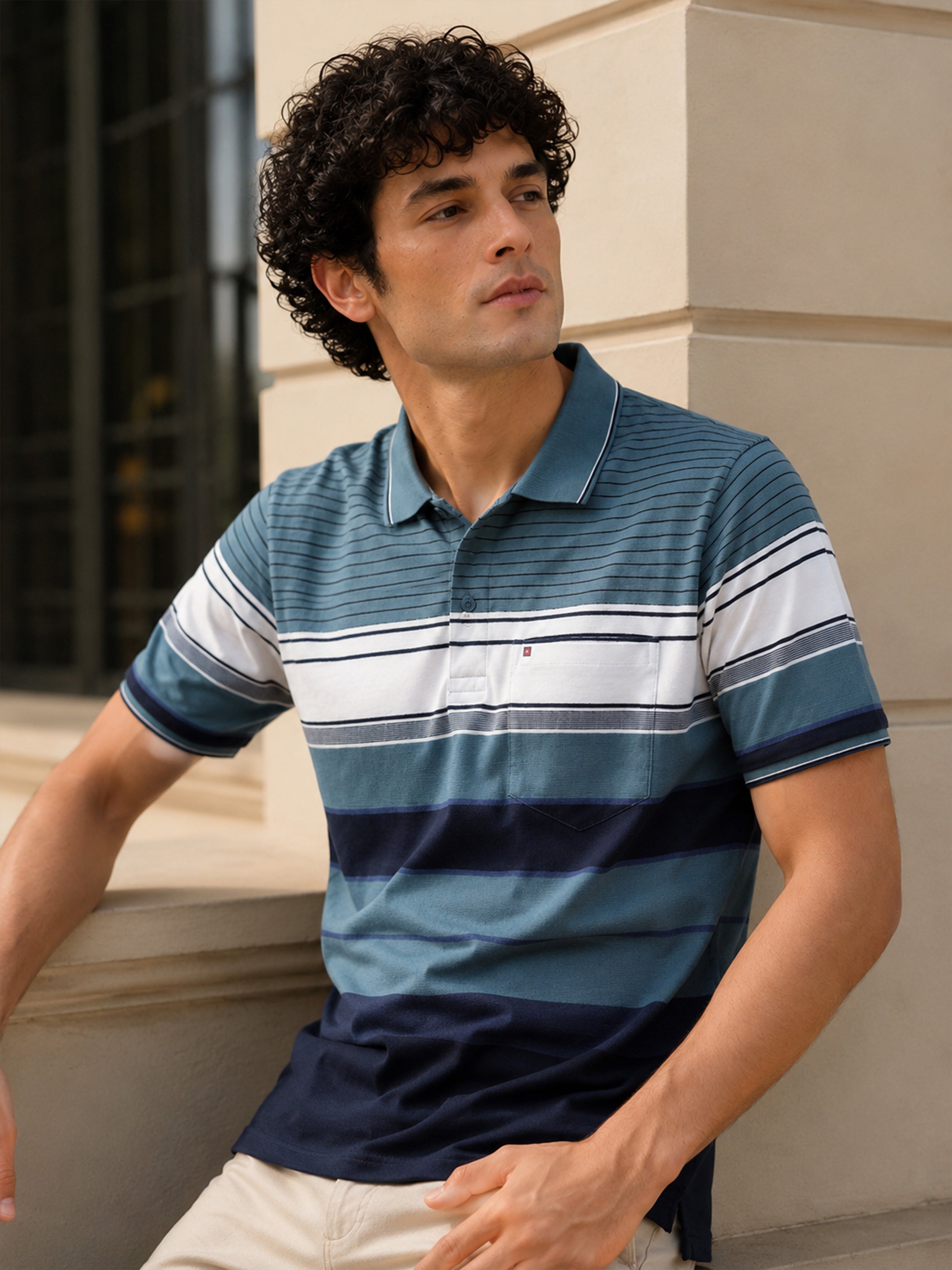 Men's Teal Blue Textured Knit Striped Short Sleeves casual Polo T-Shirt