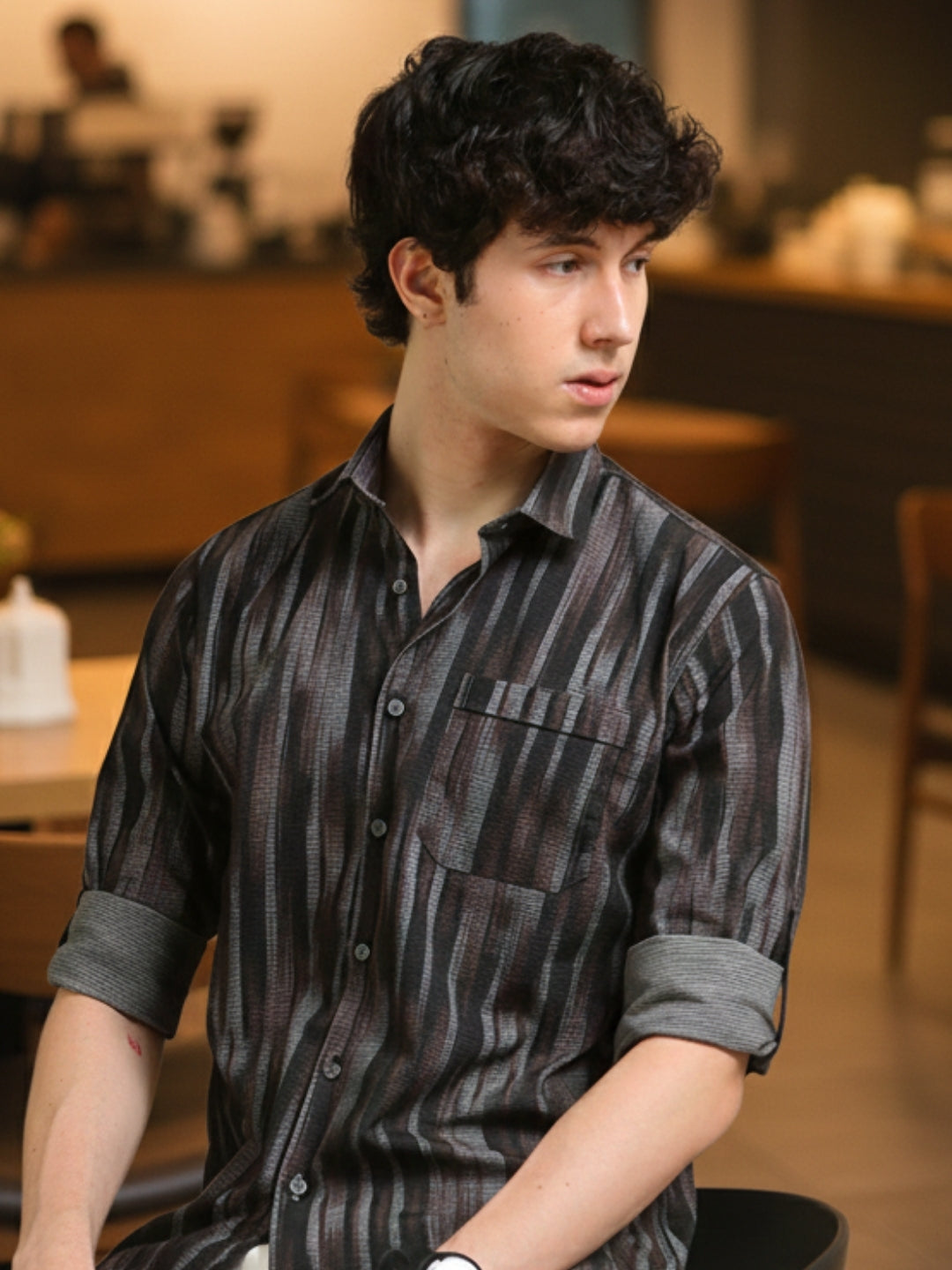 Men Brown Slim Fit Printed Full Sleeve Casual Shirt