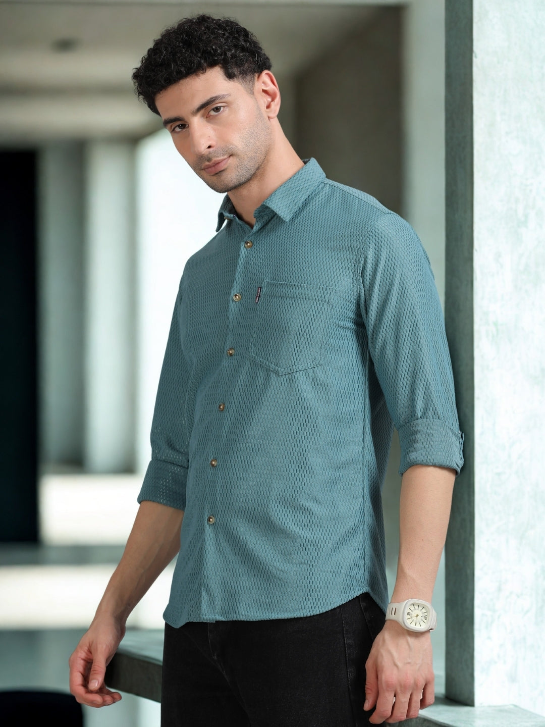 Men Green Full Sleeve knitted Dobby Casual Shirt