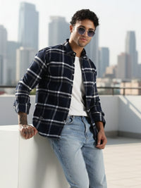 Men Navy Cotton Slim Fit Full Sleeve Checkered Shirt