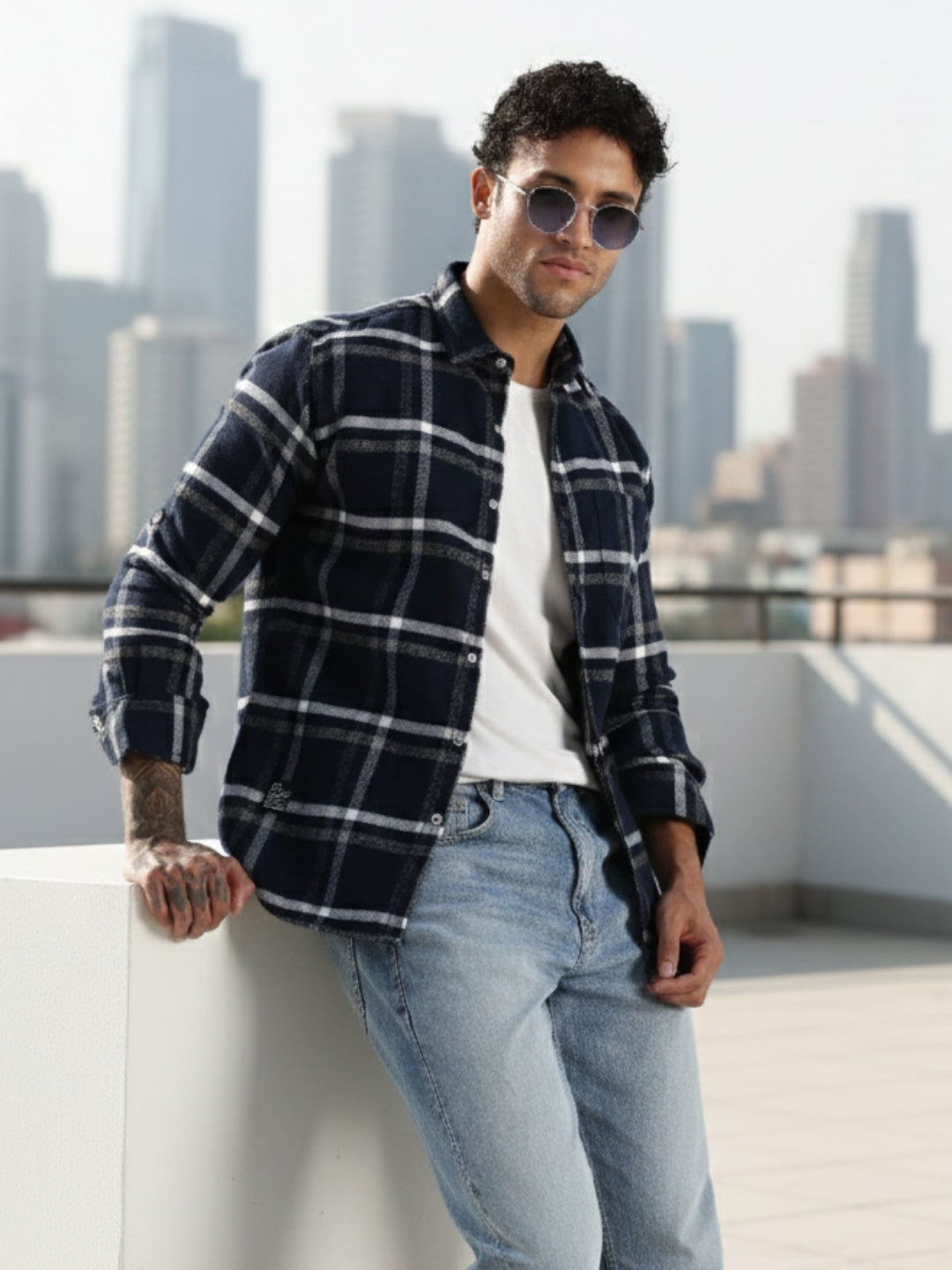 Men Navy Cotton Slim Fit Full Sleeve Checkered Shirt