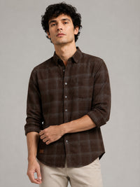 Men Dark Brown Slim Fit Windowpane Check Full Sleeve Casual Shirt