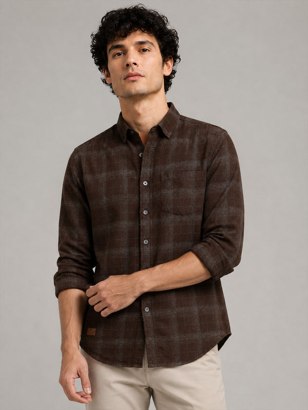 Men Dark Brown Slim Fit Windowpane Check Full Sleeve Casual Shirt