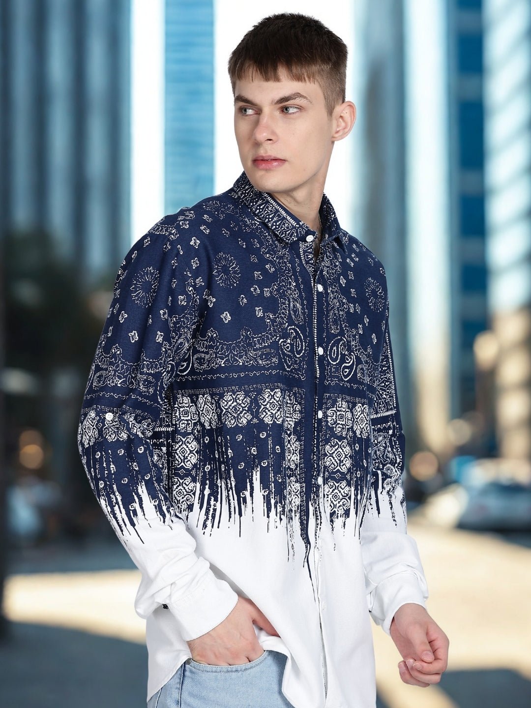 Navy Floral Print Slim Fit Full Sleeve Casual Shirt