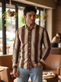 Brown Roman Stripes Slim Fit Full Sleeve Casual Shirt