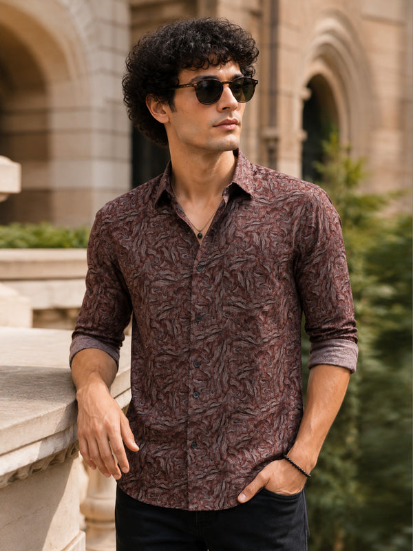 Men Maroon Slim Fit Printed Full Sleeve Casual Shirt