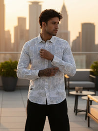 White Abstract Floral Print Slim Fit Full Sleeve Shirt