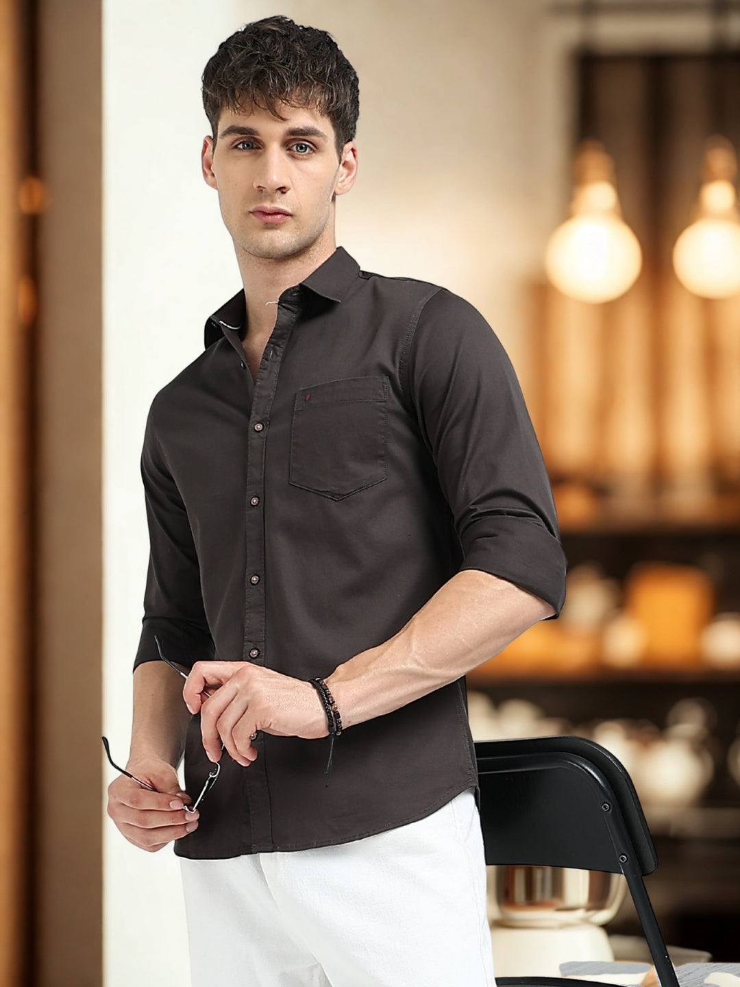 Dk Green Solid Slim Fit Casual Shirts