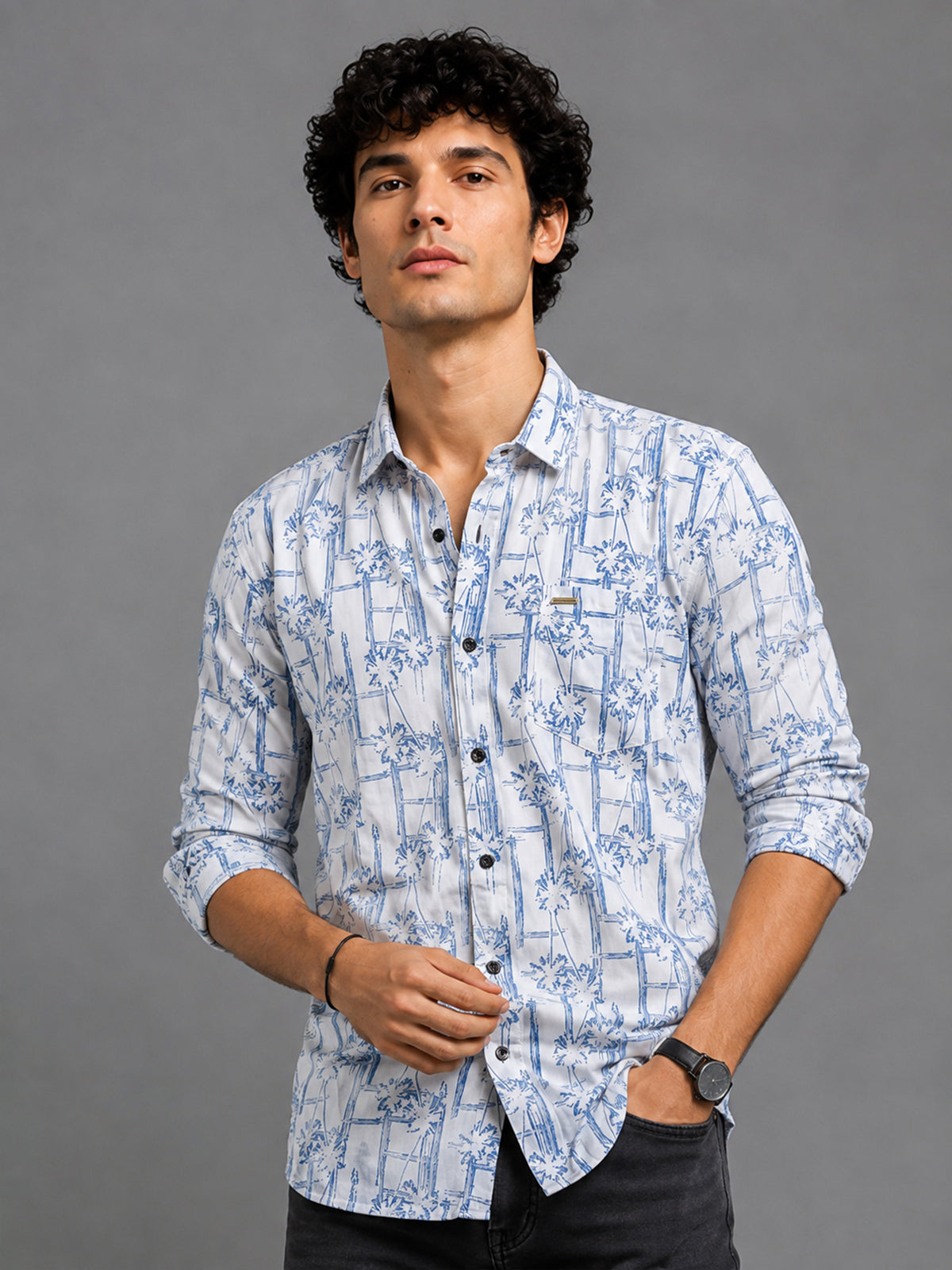 Men Blue Slim Fit Printed Full Sleeve Casual Shirt