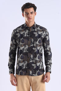 Brown Camouflage Printed Slim Fit Cotton Full Sleeve Shirt