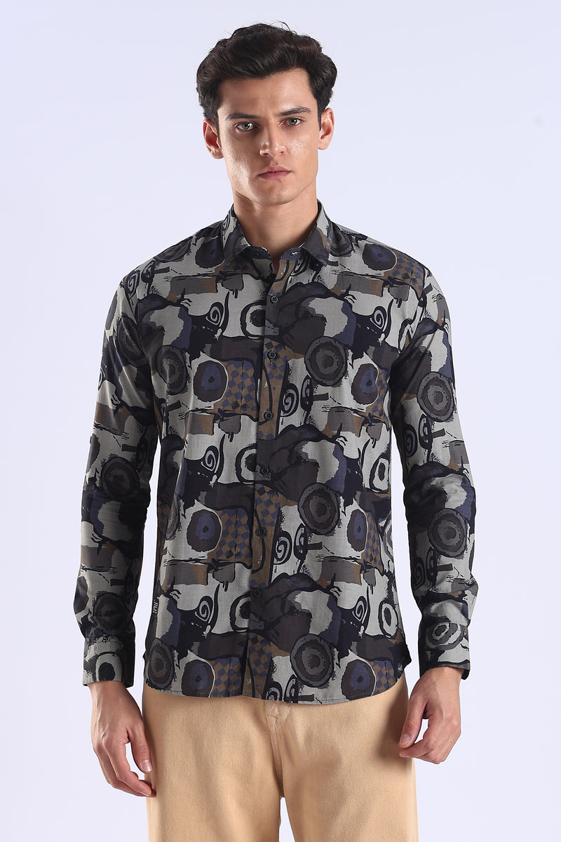 Brown Camouflage Printed Slim Fit Cotton Full Sleeve Shirt