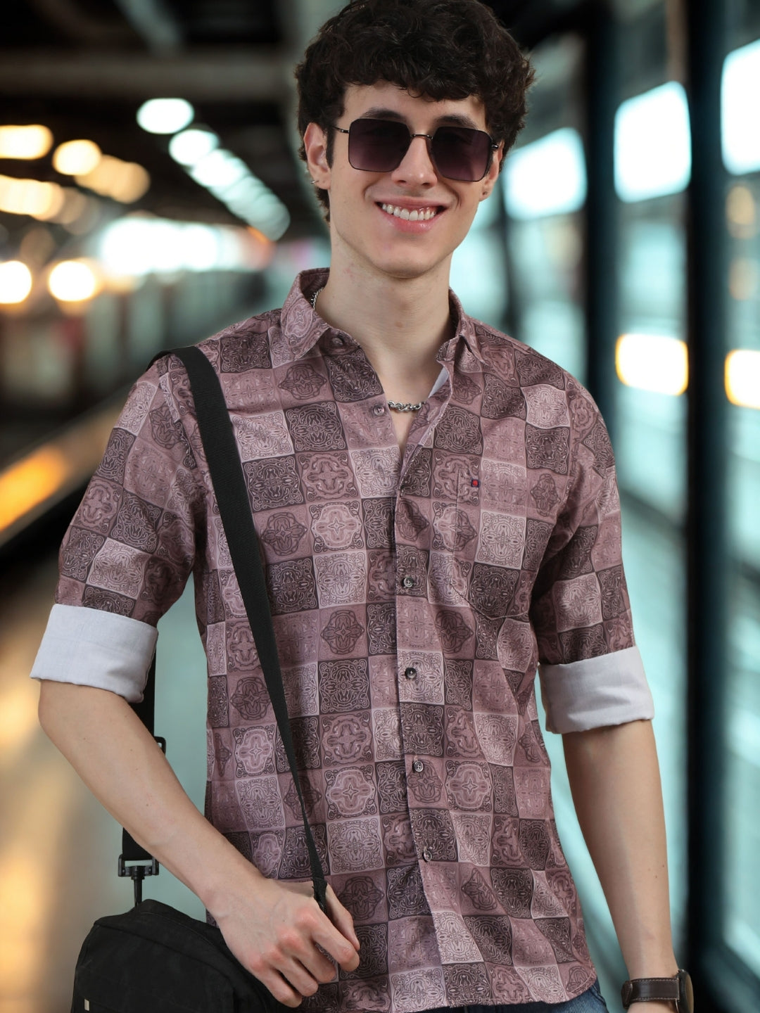 Men Dark Brown Slim Fit Printed Full Sleeve Casual Shirt