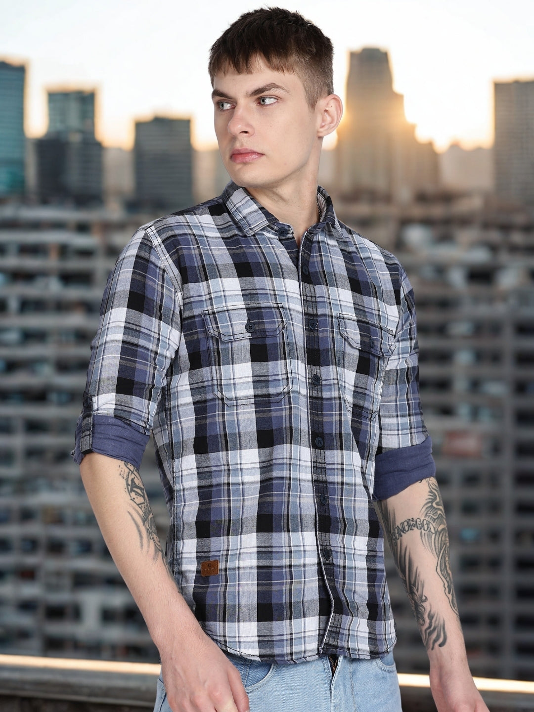 Navy Madras Checked Double Pocket Shirt
