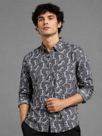 Men Grey Slim Fit Leaf Printed Full Sleeve Casual Shirt
