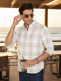 Men Peach Checked Full Sleeve Slim Fit Casual Shirt