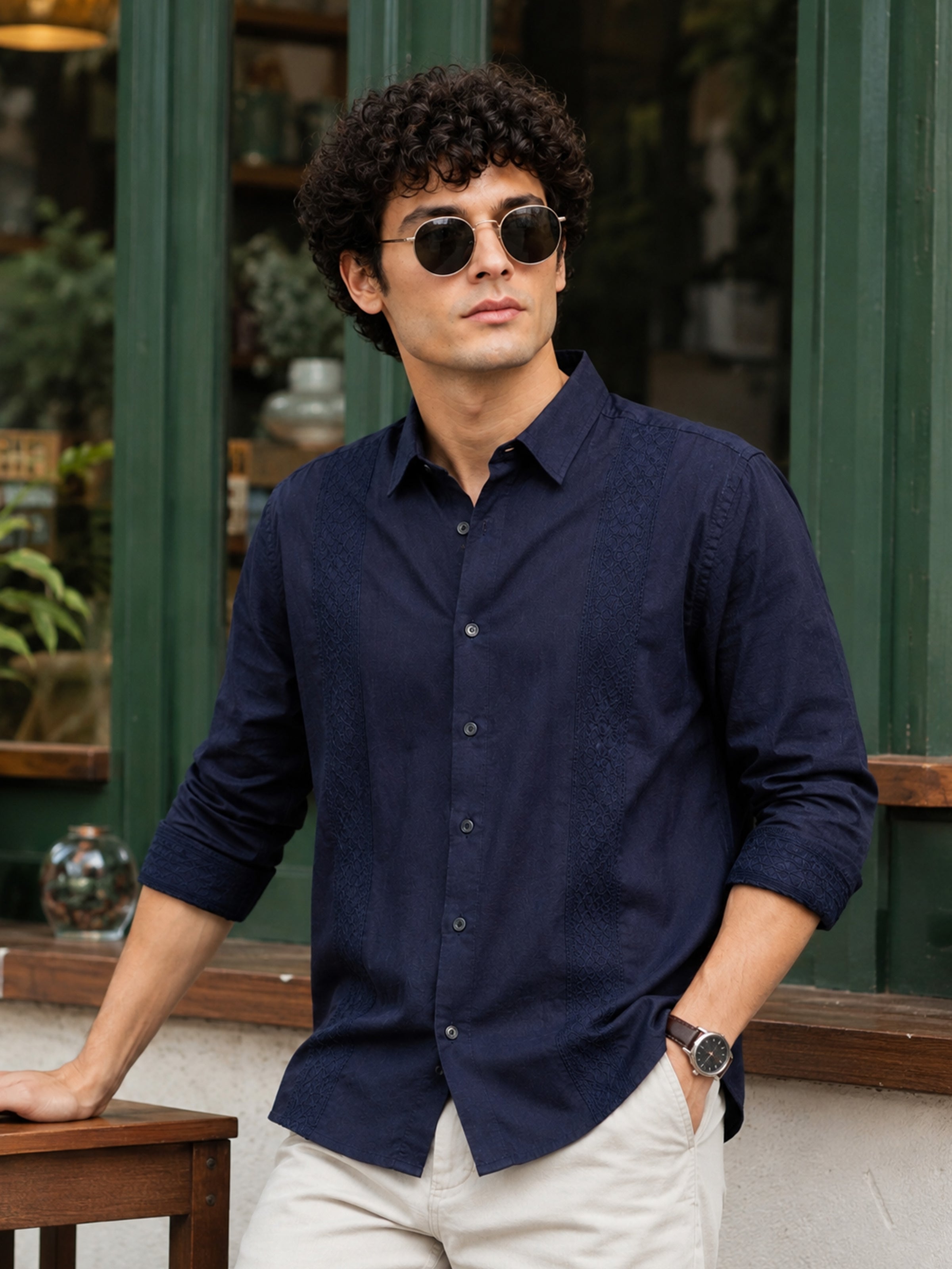Men Navy Slim Fit Embroidered Full Sleeve Casual Shirt
