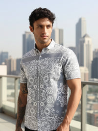 Grey Floral Printed Slim Fit Cotton Half Sleeve Casual Shirt