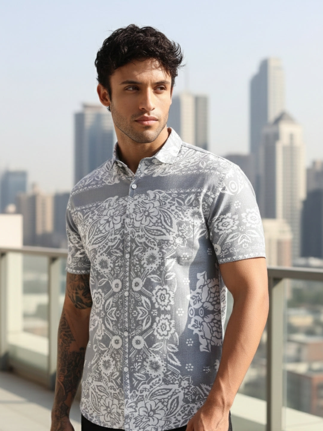Grey Floral Printed Slim Fit Cotton Half Sleeve Casual Shirt
