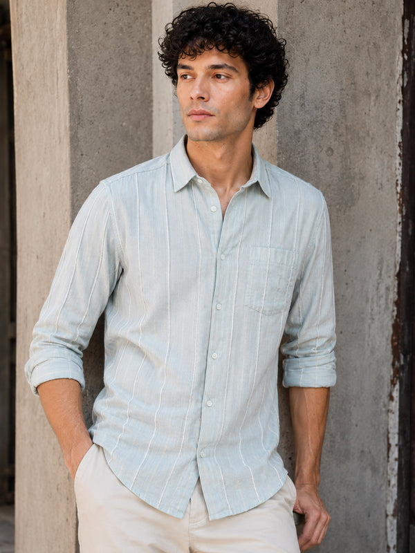 Men Sky Blue Slim Fit Textured Striped Full Sleeve Casual Shirt