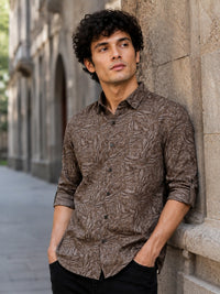 Men Beige Slim Fit Printed Full Sleeve Casual Shirt