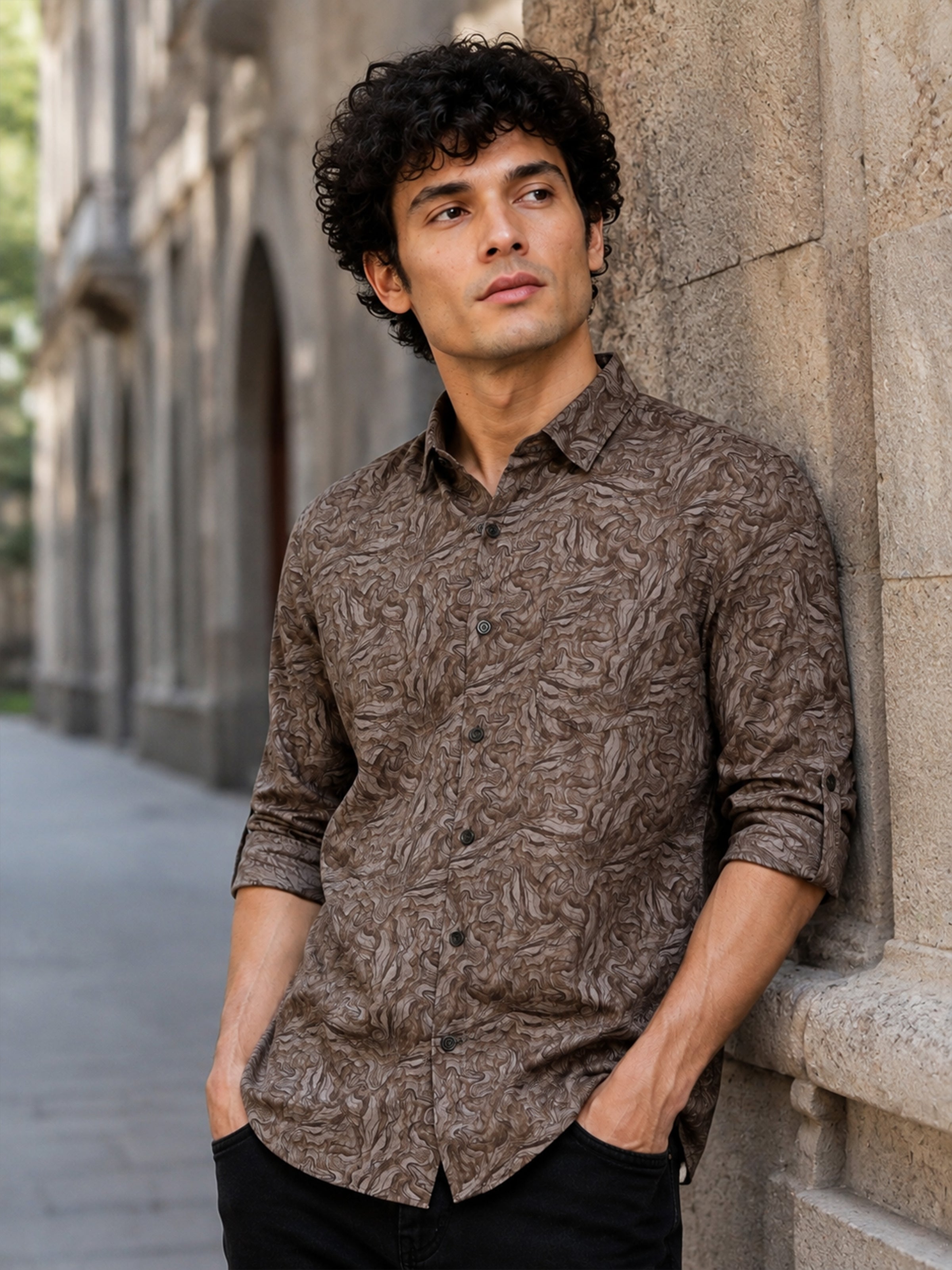 Men Beige Slim Fit Printed Full Sleeve Casual Shirt