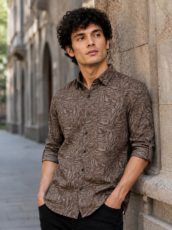 Men Beige Slim Fit Printed Full Sleeve Casual Shirt