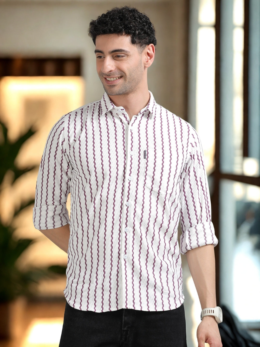 Men Purple Full Sleeve knitted Dobby Casual Shirt