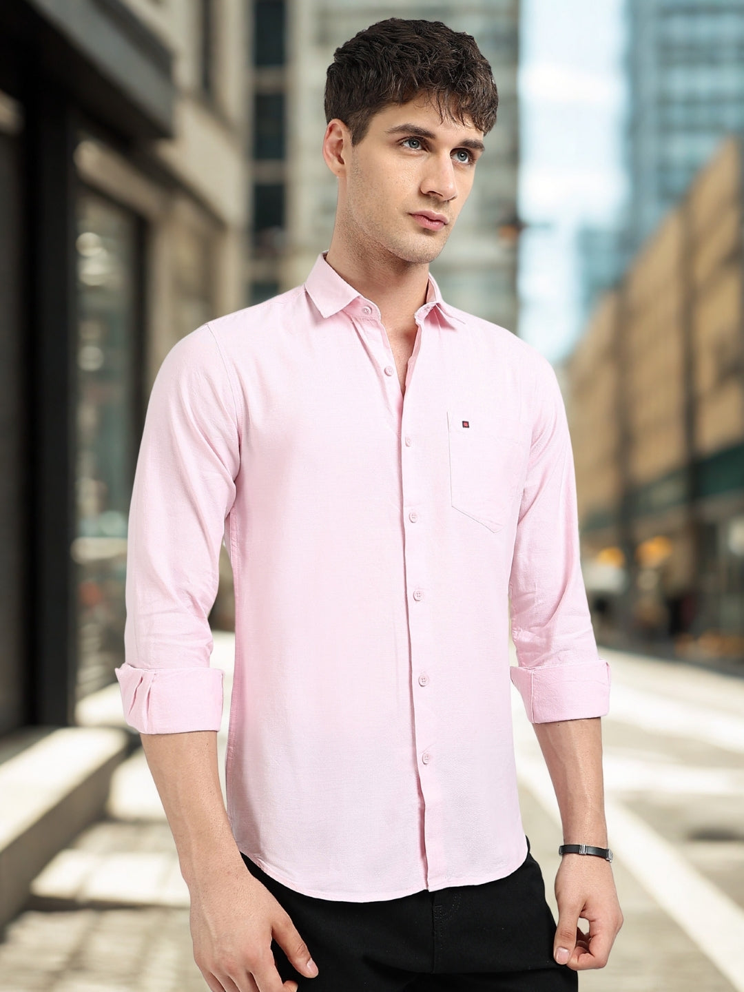 Baby Pink Solid Slim Fit Casual Shirts