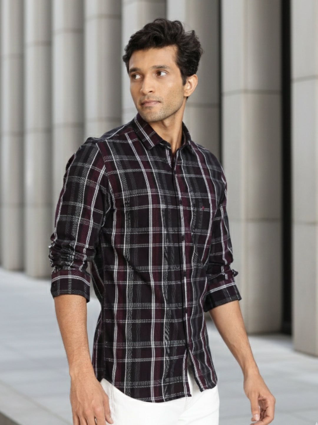 Men Brown Checkered Full Sleeve Slim Fit Casual Shirt