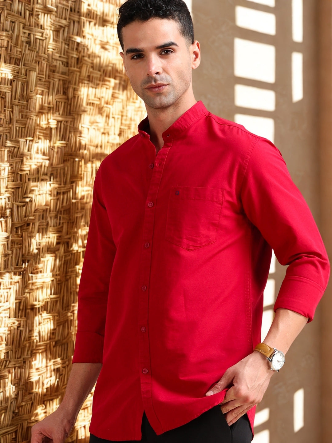 Men Red Slim Fit Solid Full Sleeve Casual Shirt