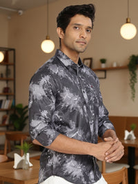 Men Dark Grey Printed Full Sleeve Slim Fit Casual Shirts