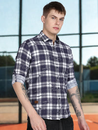 Navy Checkered  Slim Fit Full Sleeve Shirt