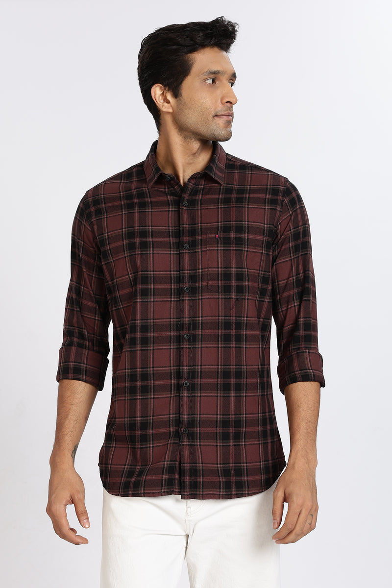 Men Brown Vintage Checks Full Sleeve Slim Fit Casual Shirts