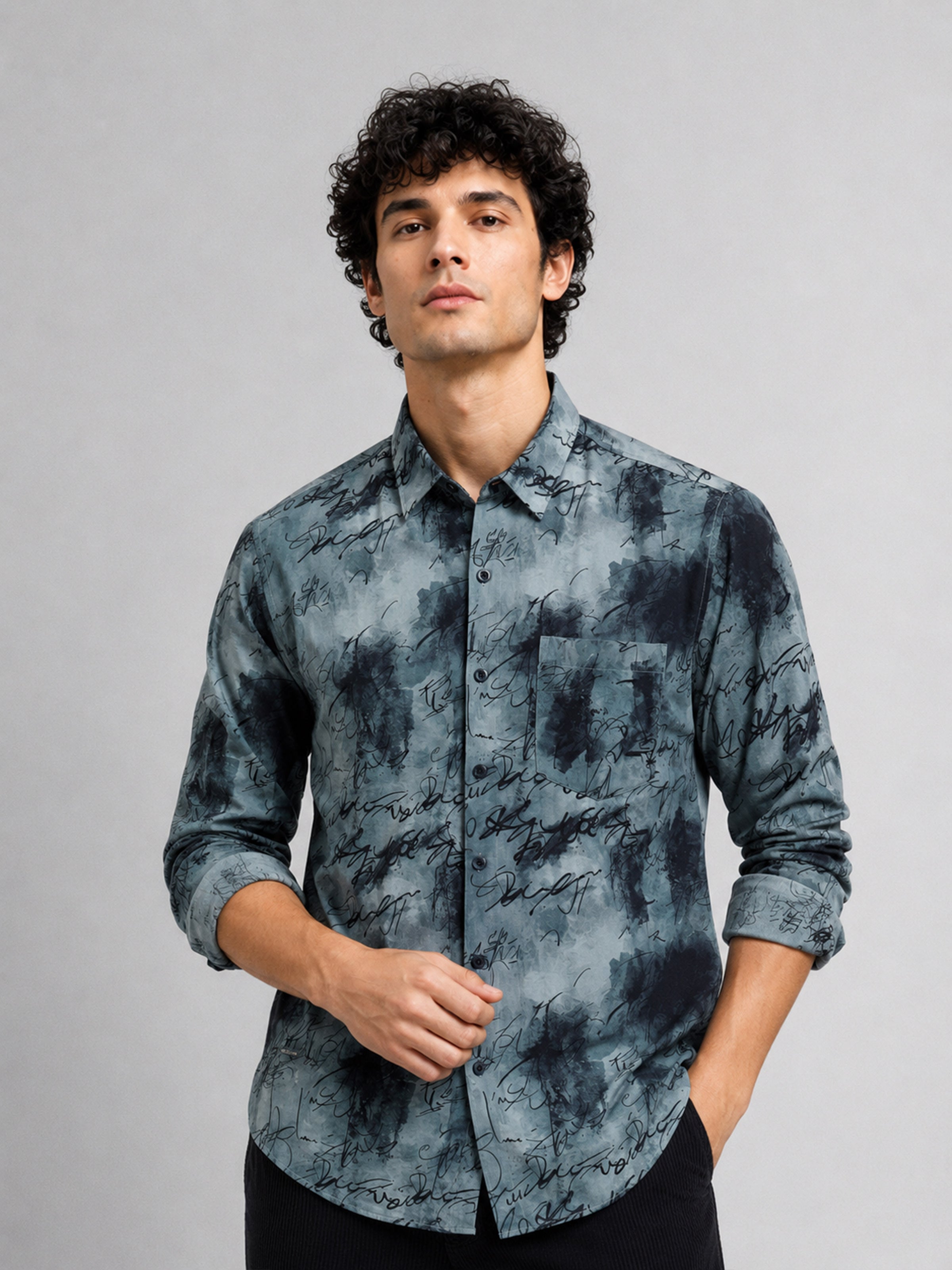 Men Grey Slim Fit Printed Full Sleeve Casual Shirt