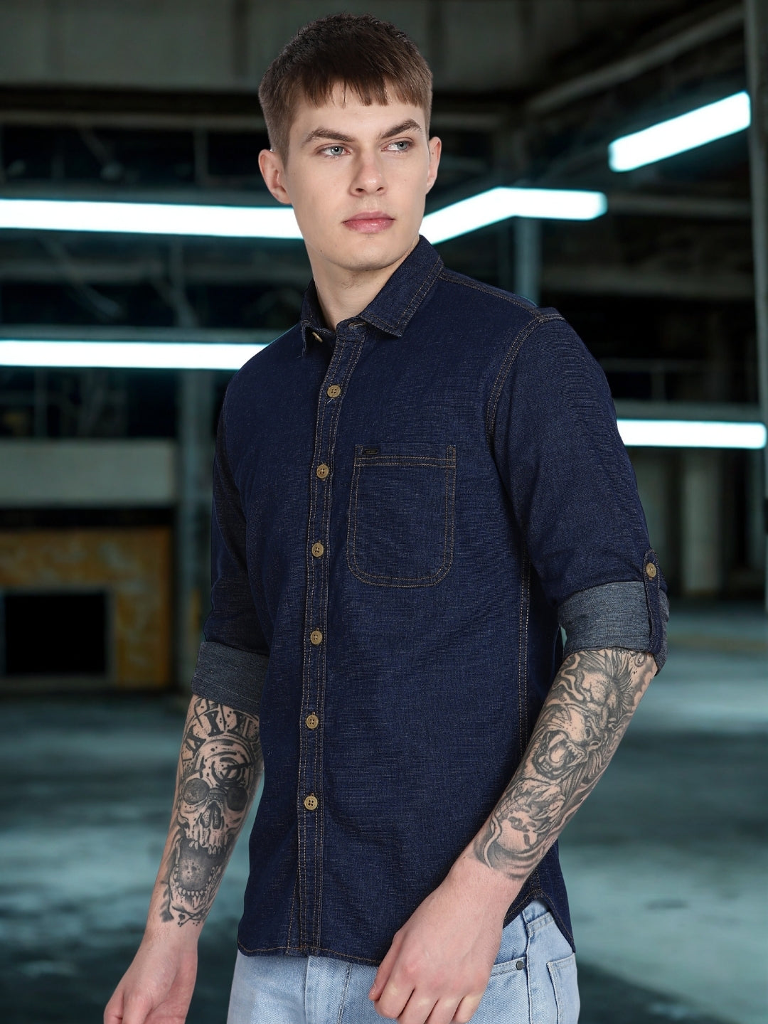Navy Plain Slim Fit Full Sleeve Denim Casual Shirt
