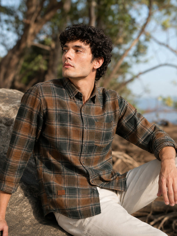 Men Green Slim Fit Plaid Check Full Sleeve Casual Shirt
