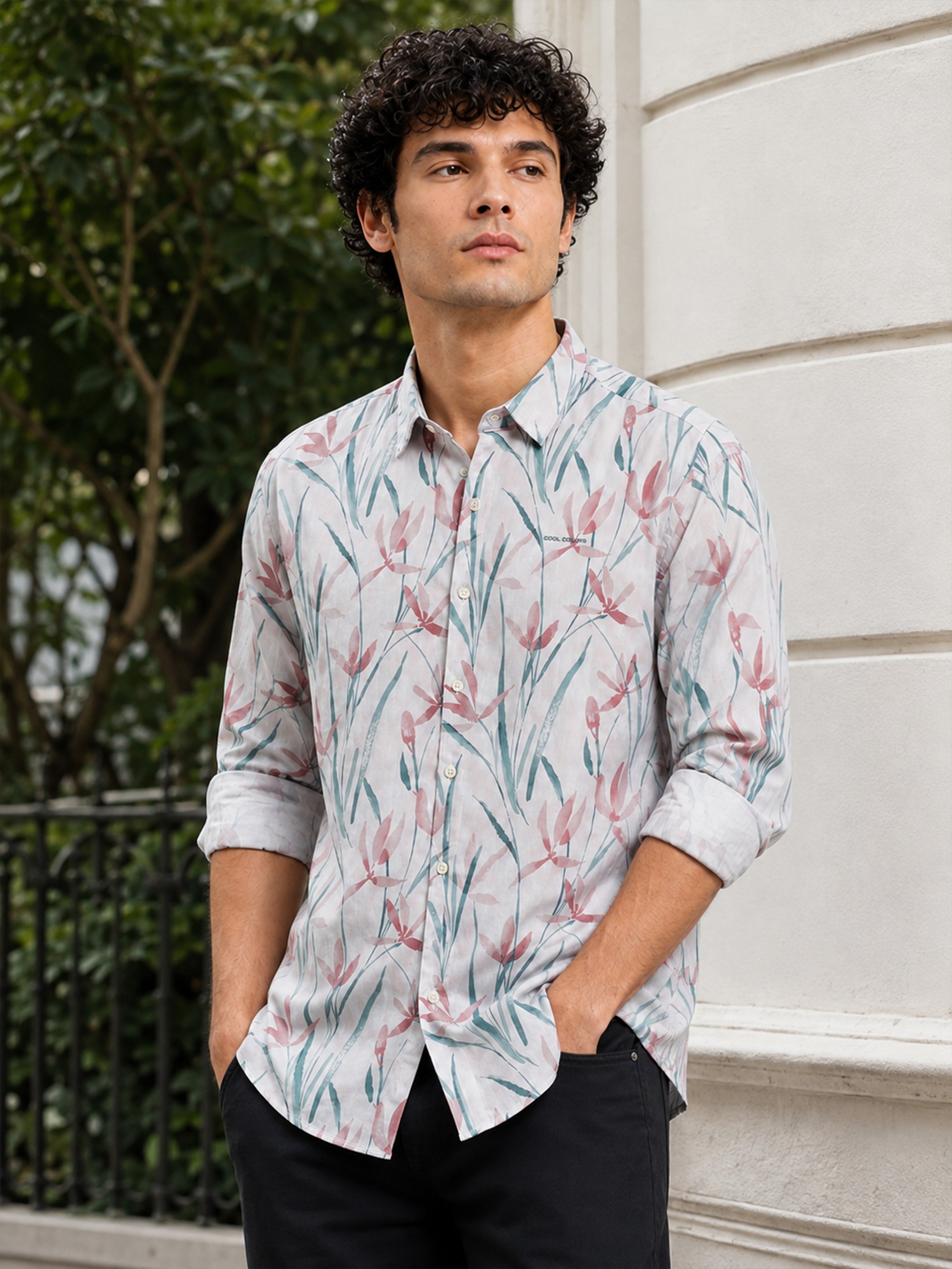 Men Pink Slim Fit Floral Print Full Sleeve Casual Shirt